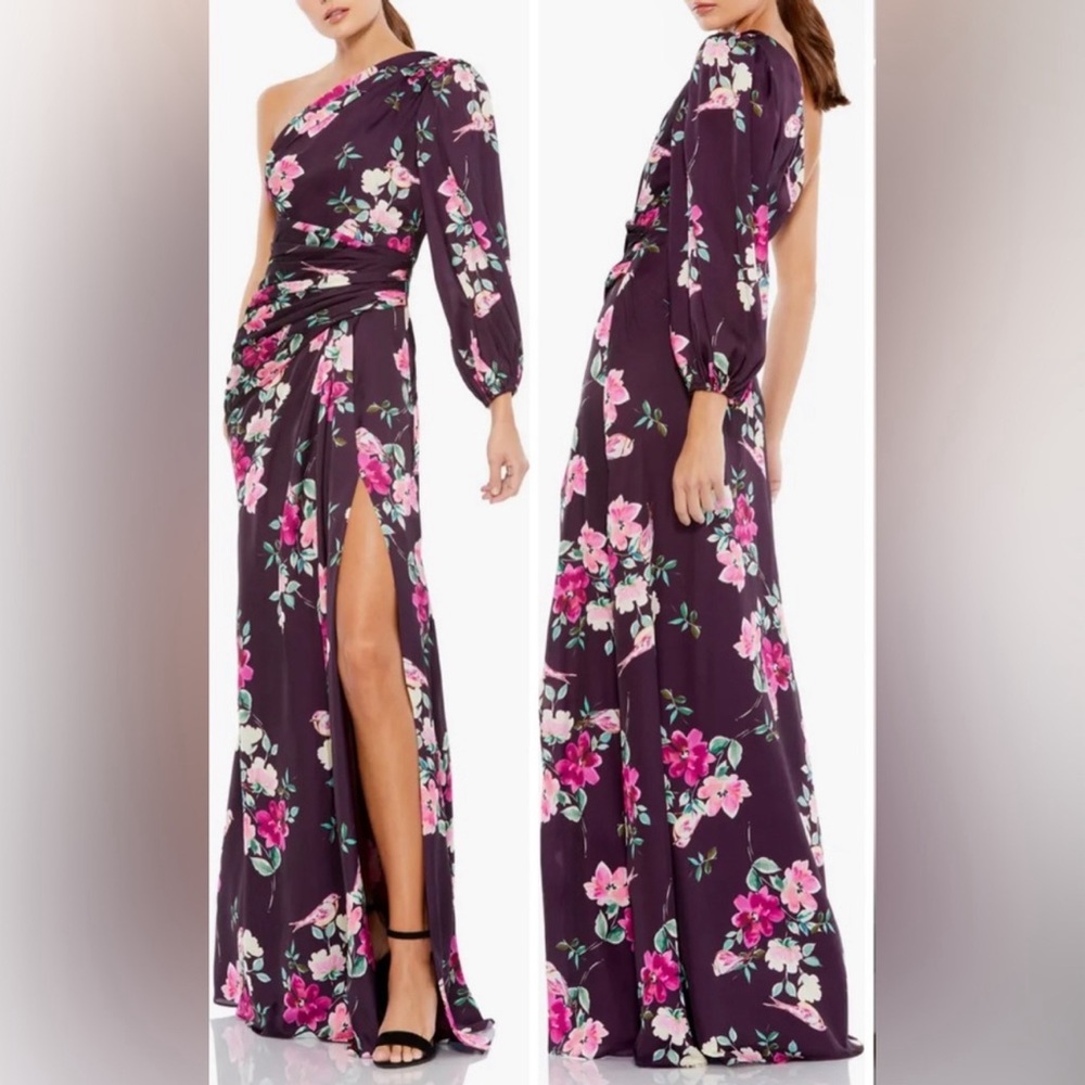 Mac Duggal Style 2634, size L, floral chiffon gown, one shoulder NWT